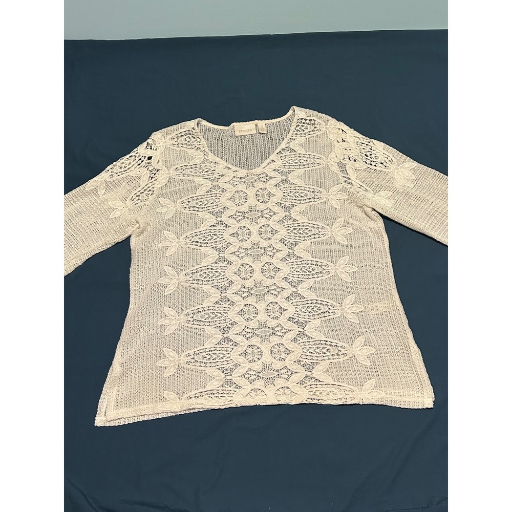 Chicos Cream Open Knit Floral Lace V-Neck Sweater Size 3 Large XL